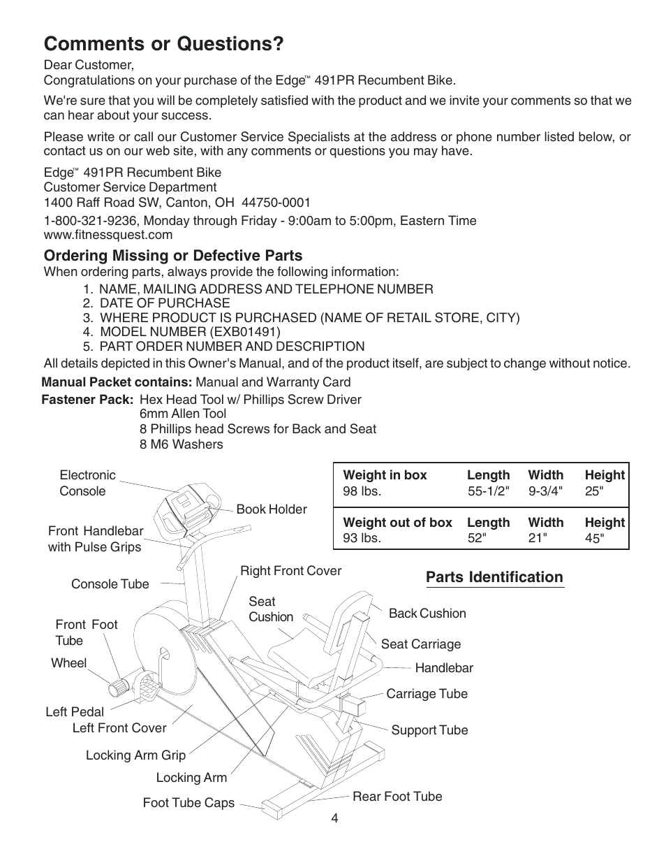 Comments or questions | Fitness Quest 491pr User Manual | Page 7 / 20