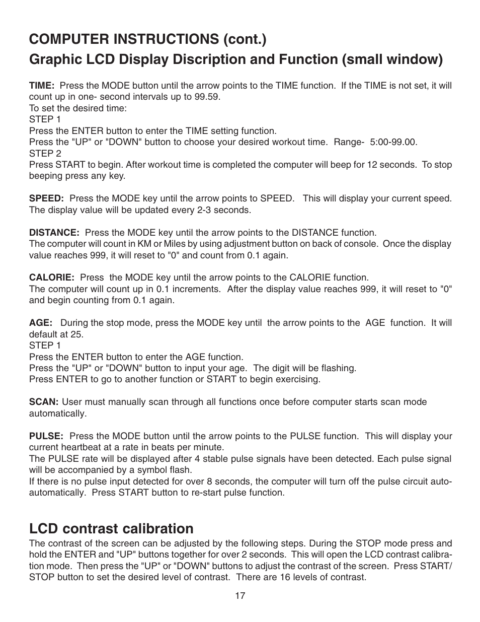 Lcd contrast calibration, Computer instructions (cont.) | Fitness Quest 491pr User Manual | Page 8 / 20