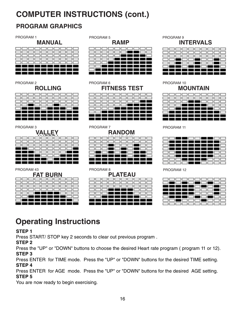 Computer instructions (cont.), Operating instructions, Program graphics | Manual, Ramp, Intervals, Mountain, Fitness test, Rolling, Valley | Fitness Quest 491pr User Manual | Page 9 / 20