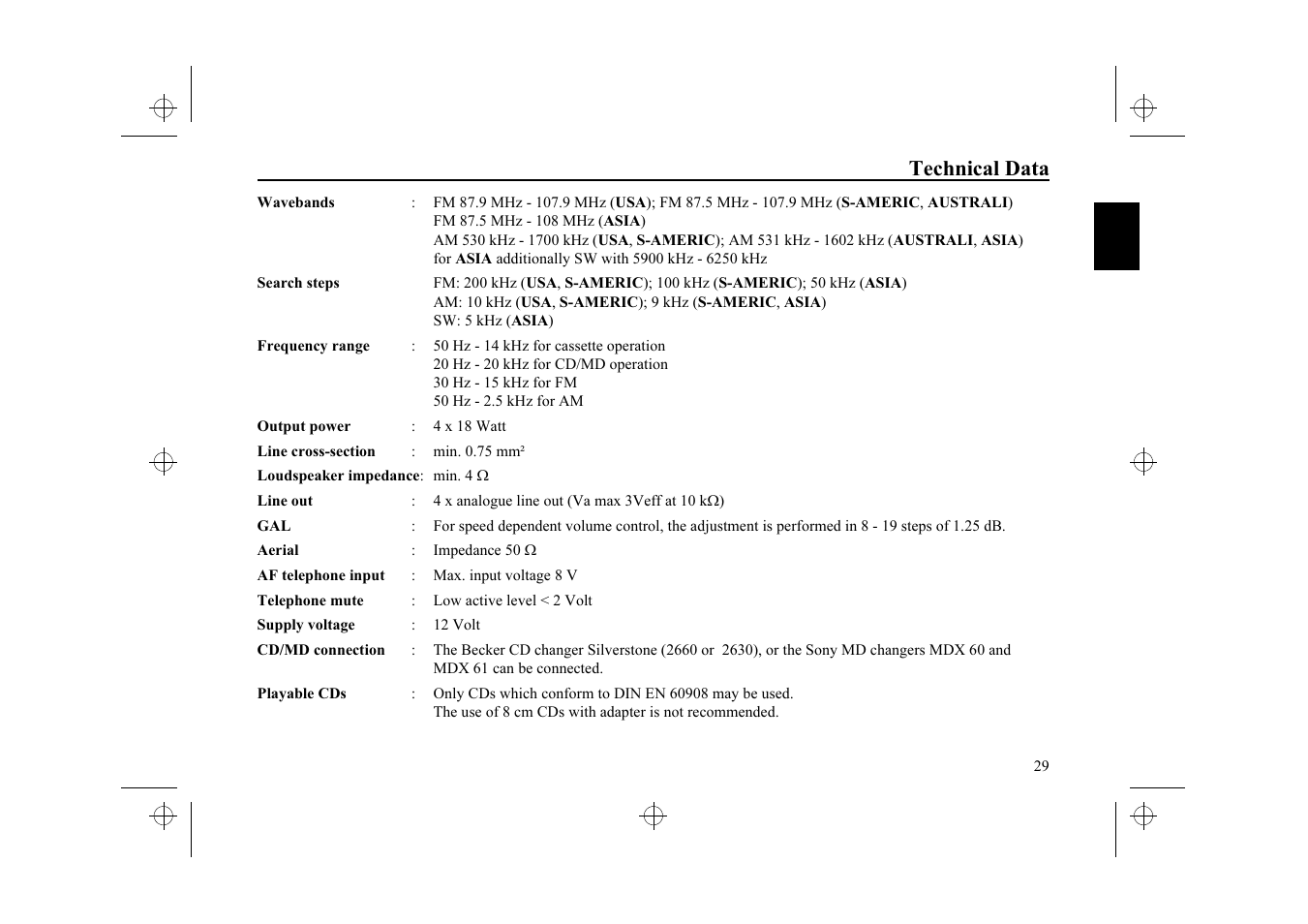 Technical data | Ferrari stereo User Manual | Page 29 / 29