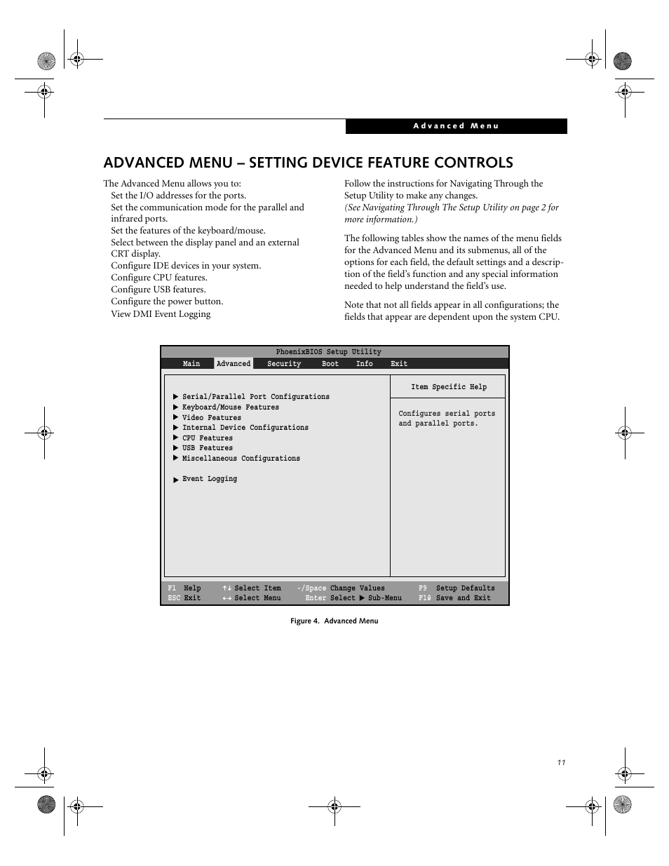Advanced menu – setting device feature controls | Fujitsu Siemens Computers LifeBook C2111 User Manual | Page 11 / 30