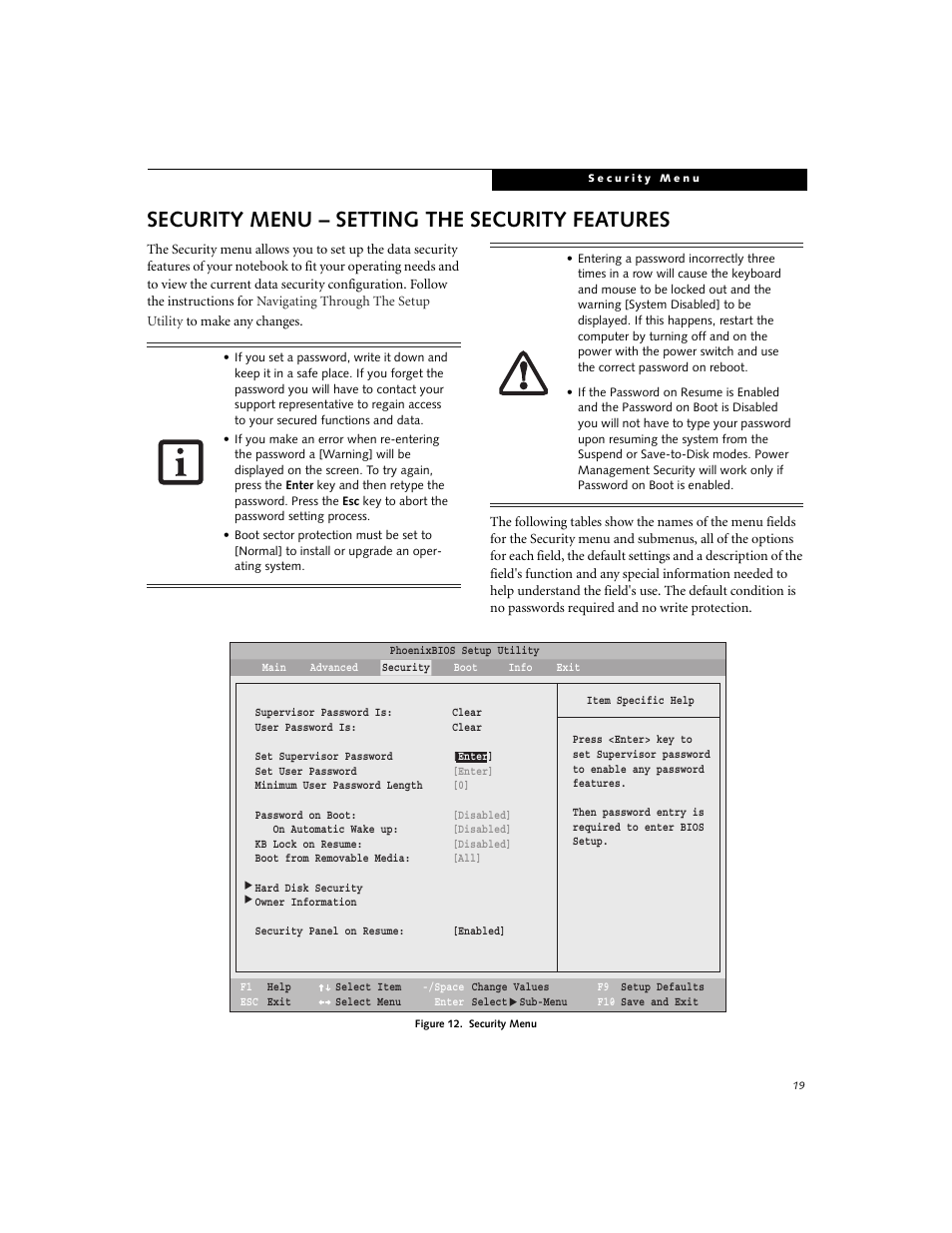 Setting the security features, Security menu – setting the security features | Fujitsu Siemens Computers LifeBook B3000 User Manual | Page 19 / 27