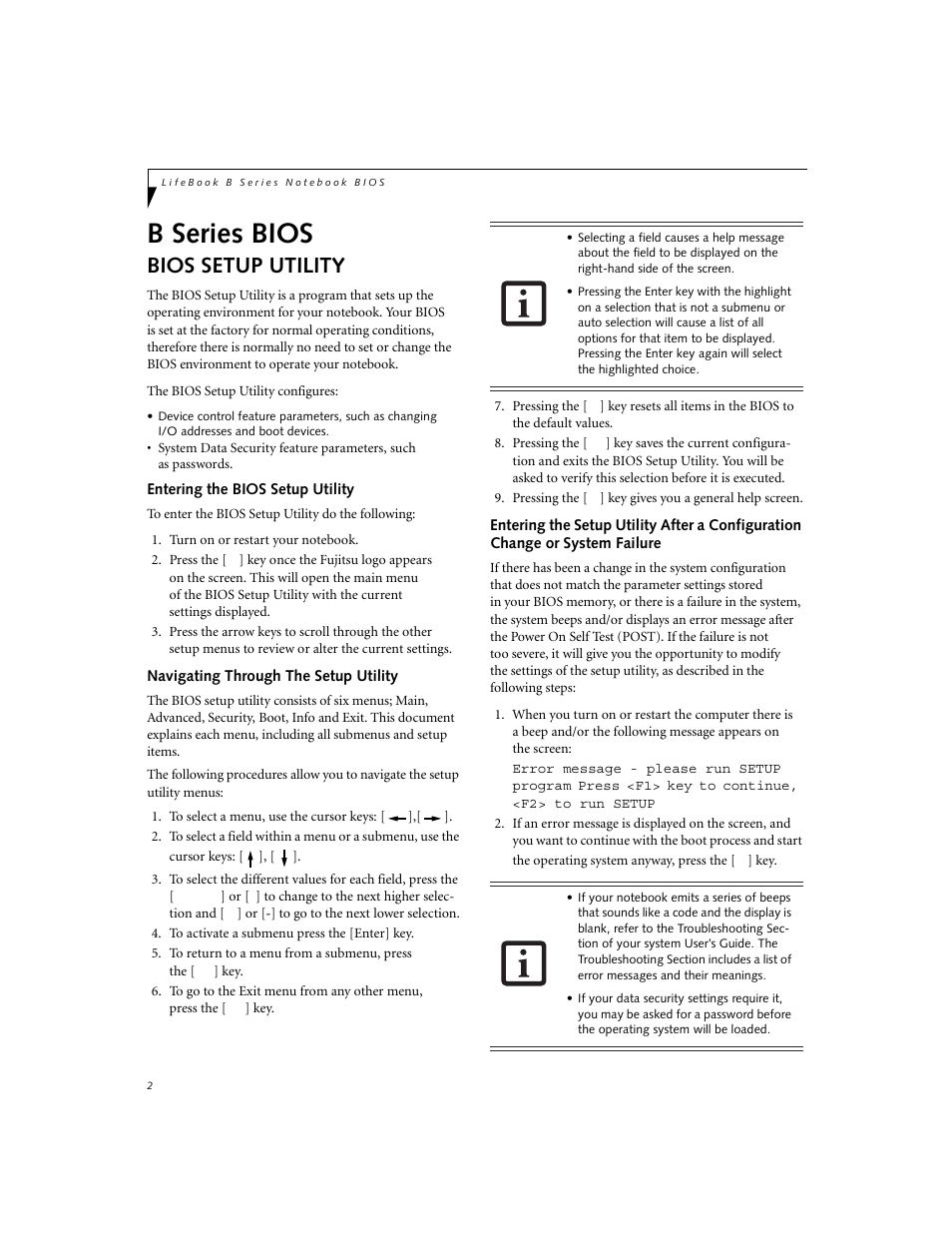 Bios setup utility, Entering the bios setup utility, Navigating through the setup utility | B series bios | Fujitsu Siemens Computers LifeBook B3000 User Manual | Page 2 / 27