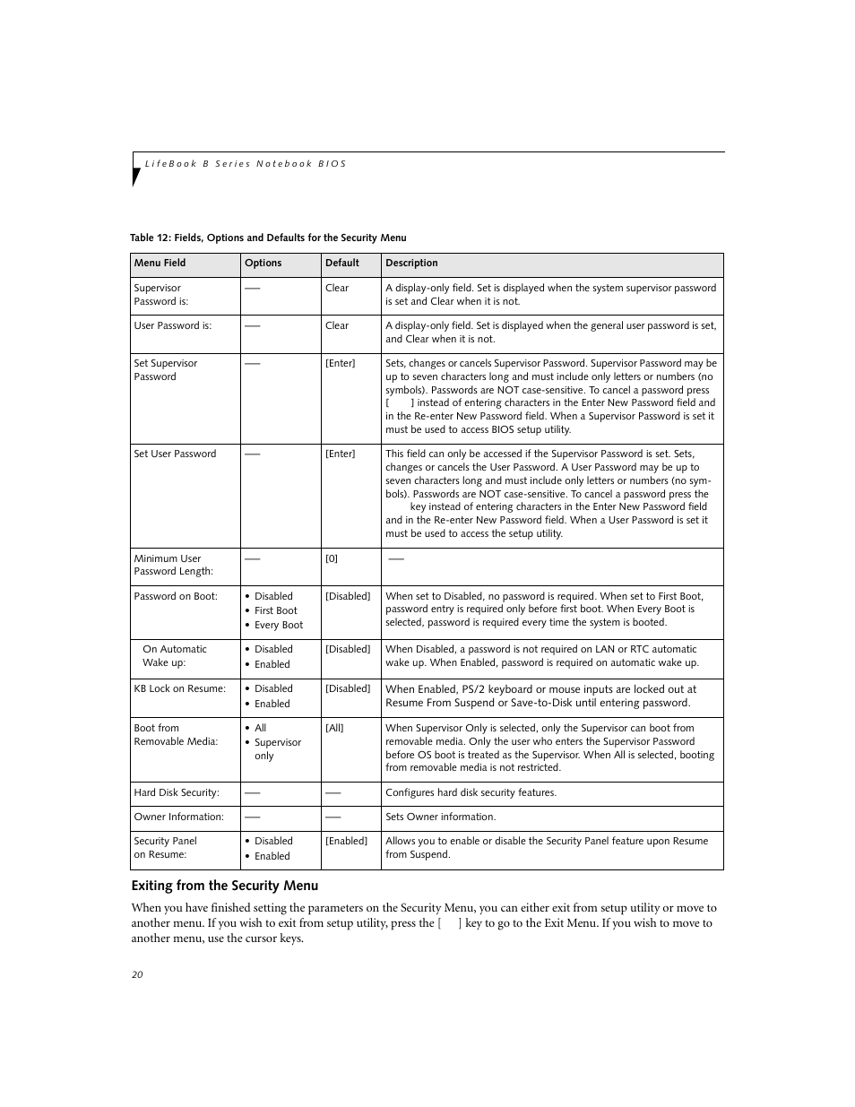 Exiting from the security menu | Fujitsu Siemens Computers LifeBook B3000 User Manual | Page 20 / 27