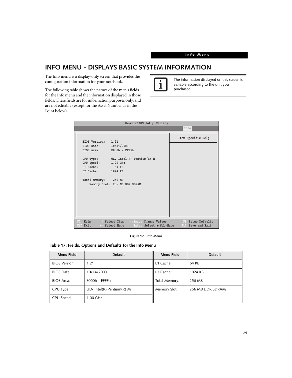 Displaying basic system information, Info menu - displays basic system information | Fujitsu Siemens Computers LifeBook B3000 User Manual | Page 25 / 27