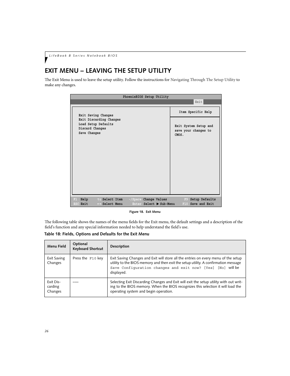 Leaving the setup utility, Exit menu – leaving the setup utility | Fujitsu Siemens Computers LifeBook B3000 User Manual | Page 26 / 27