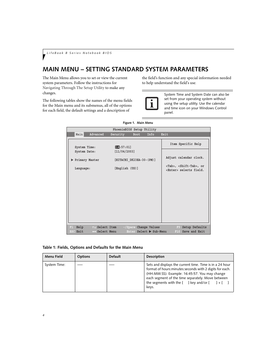 Setting standard system parameters, Main menu – setting standard system parameters | Fujitsu Siemens Computers LifeBook B3000 User Manual | Page 4 / 27