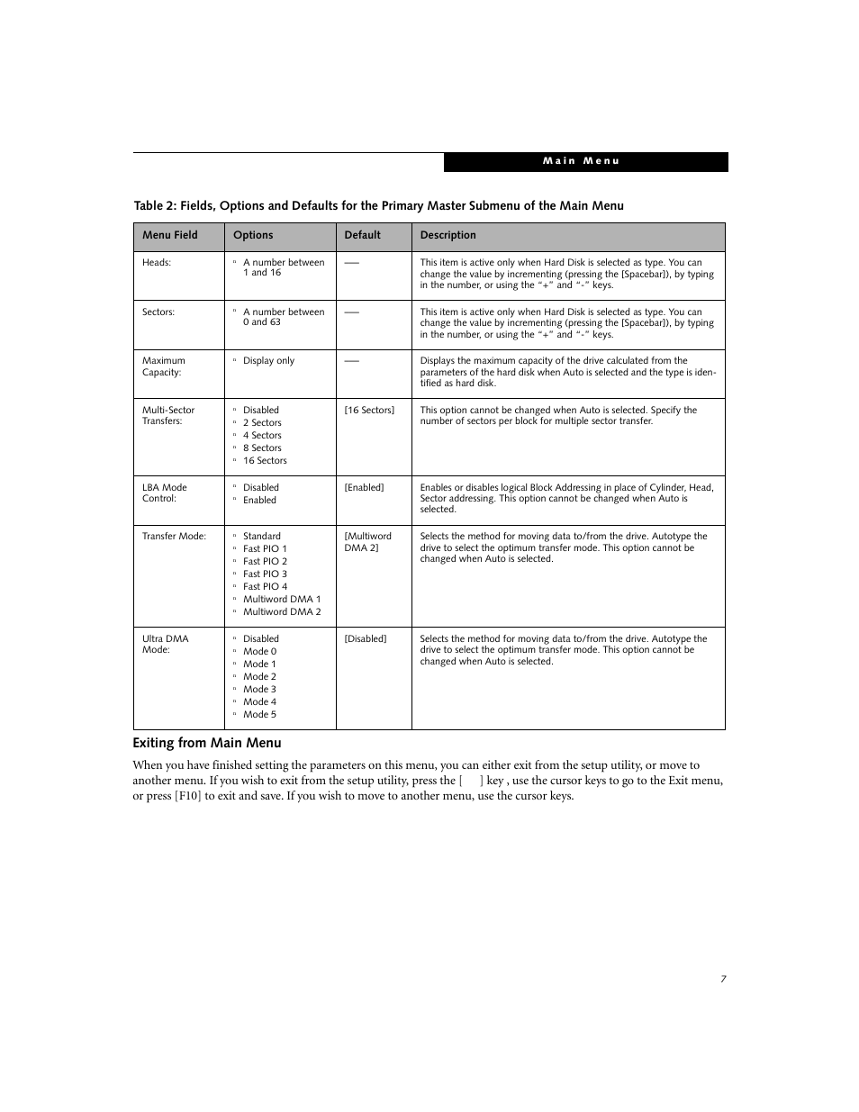 Exiting from main menu | Fujitsu Siemens Computers LifeBook B3000 User Manual | Page 7 / 27