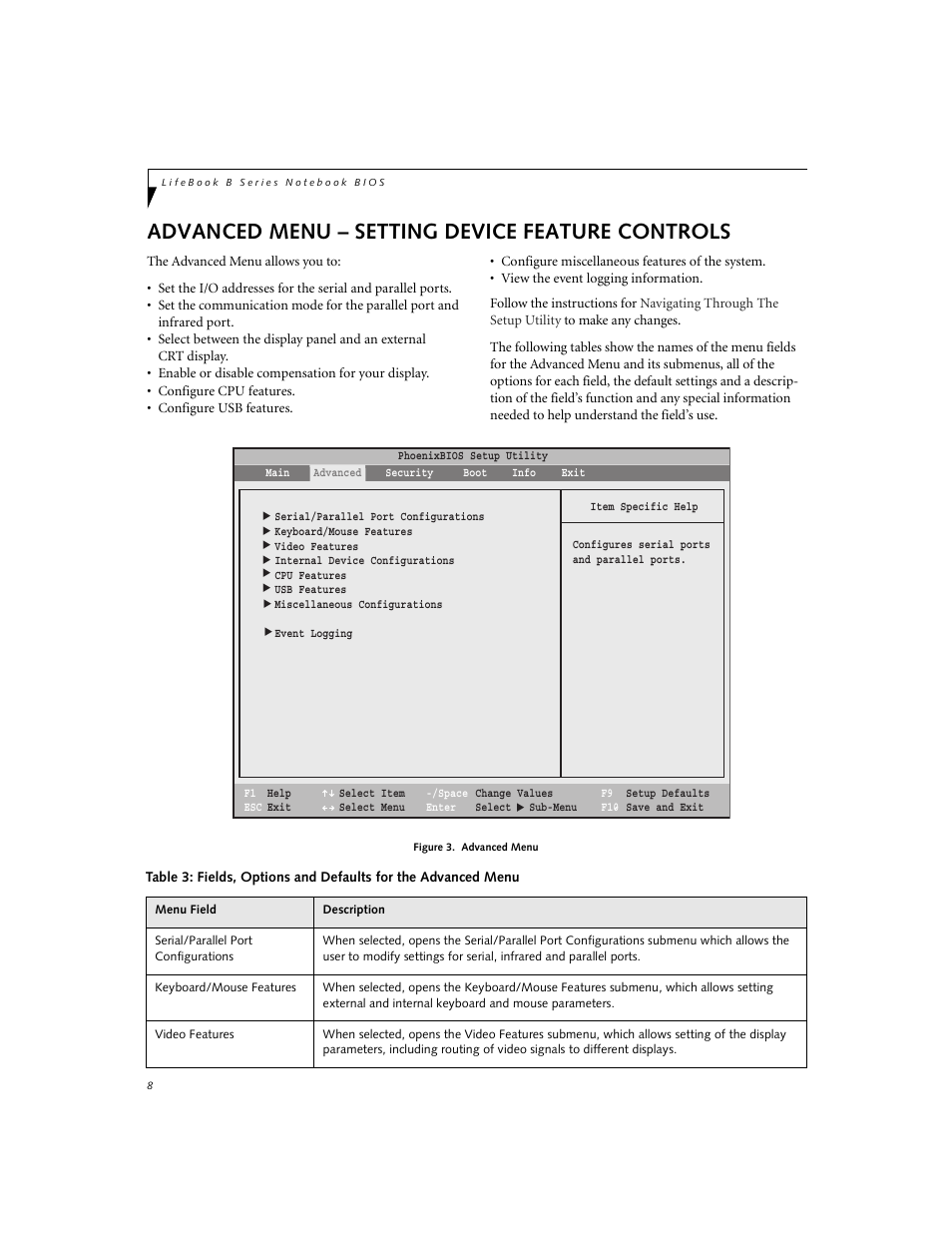 Setting device feature controls, Advanced menu – setting device feature controls | Fujitsu Siemens Computers LifeBook B3000 User Manual | Page 8 / 27