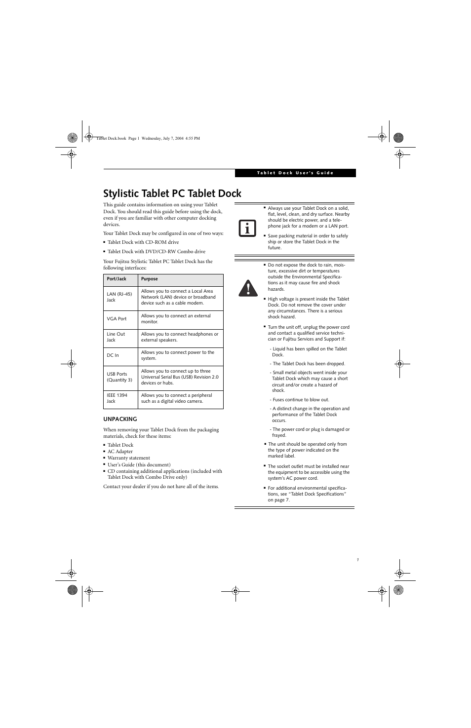 Stylistic tablet pc tablet dock | Fujitsu Siemens Computers ST Series Tablet PC Stylistic 5011D User Manual | Page 3 / 10