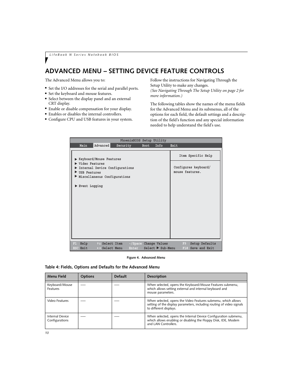 Advanced menu - setting device feature controls, Advanced menu – setting device feature controls | Fujitsu Siemens Computers N3010 User Manual | Page 10 / 25