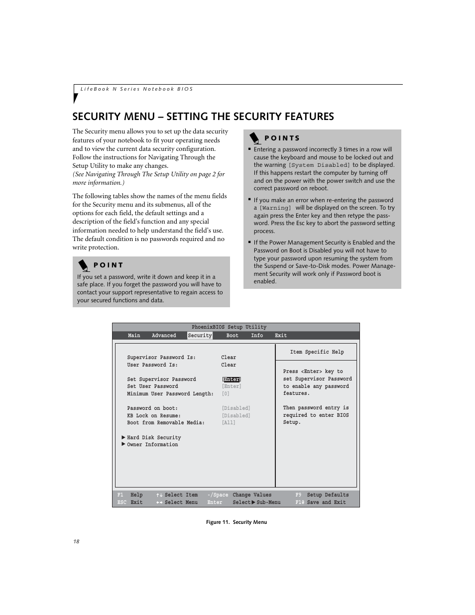 Security menu - setting the security features, Security menu – setting the security features | Fujitsu Siemens Computers N3010 User Manual | Page 18 / 25