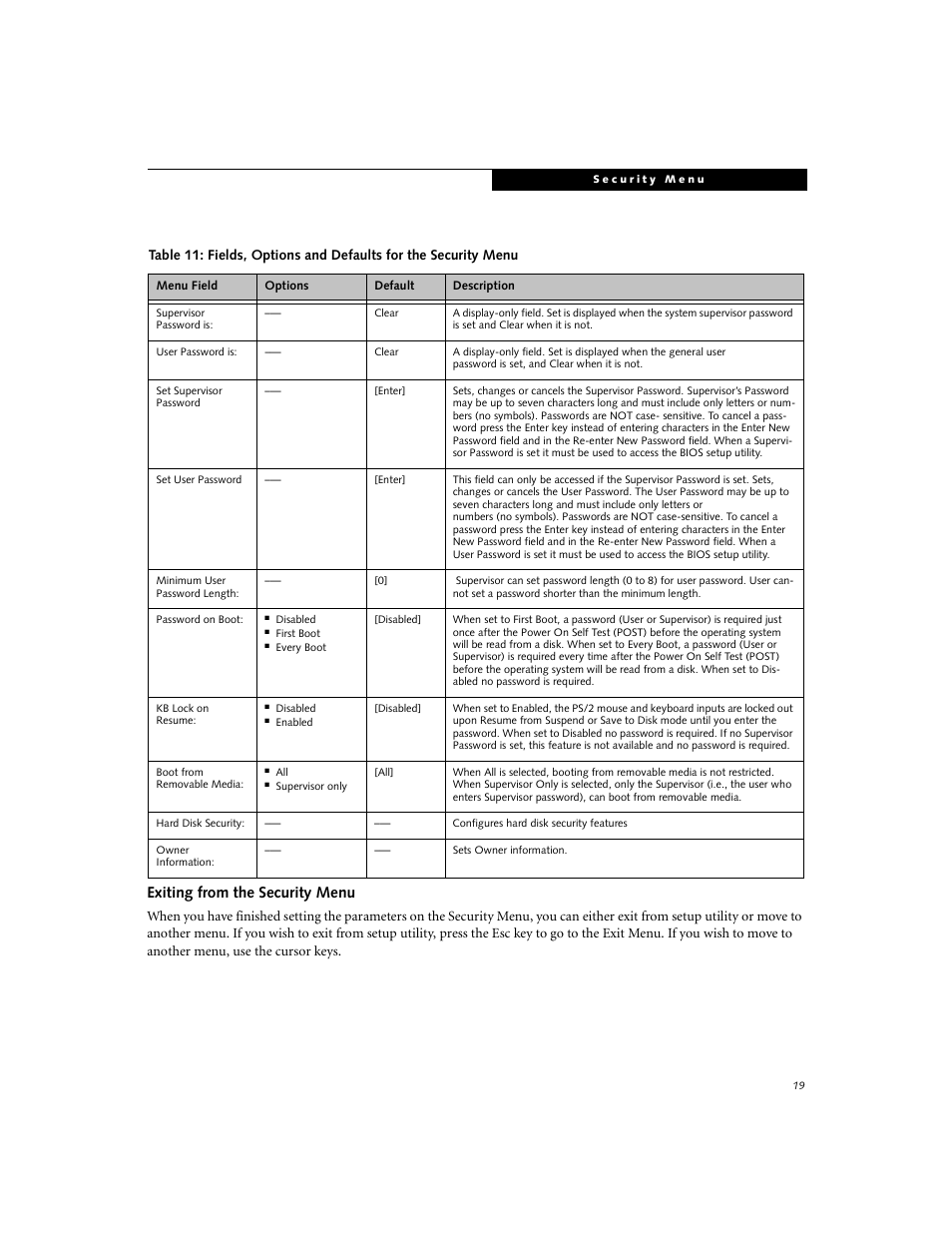 Exiting from the security menu | Fujitsu Siemens Computers N3010 User Manual | Page 19 / 25