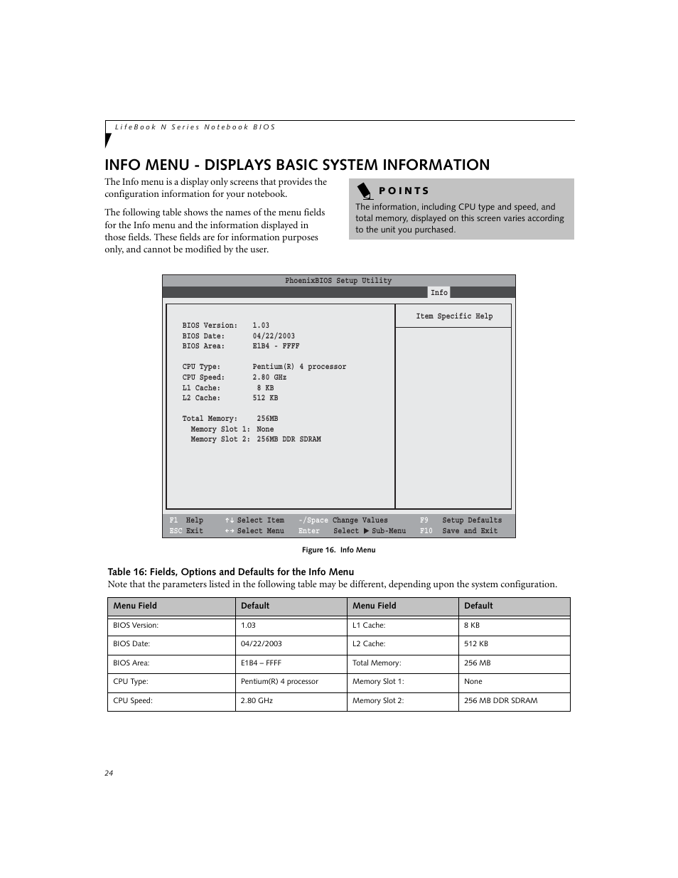 Info menu - displays basic system information | Fujitsu Siemens Computers N3010 User Manual | Page 24 / 25