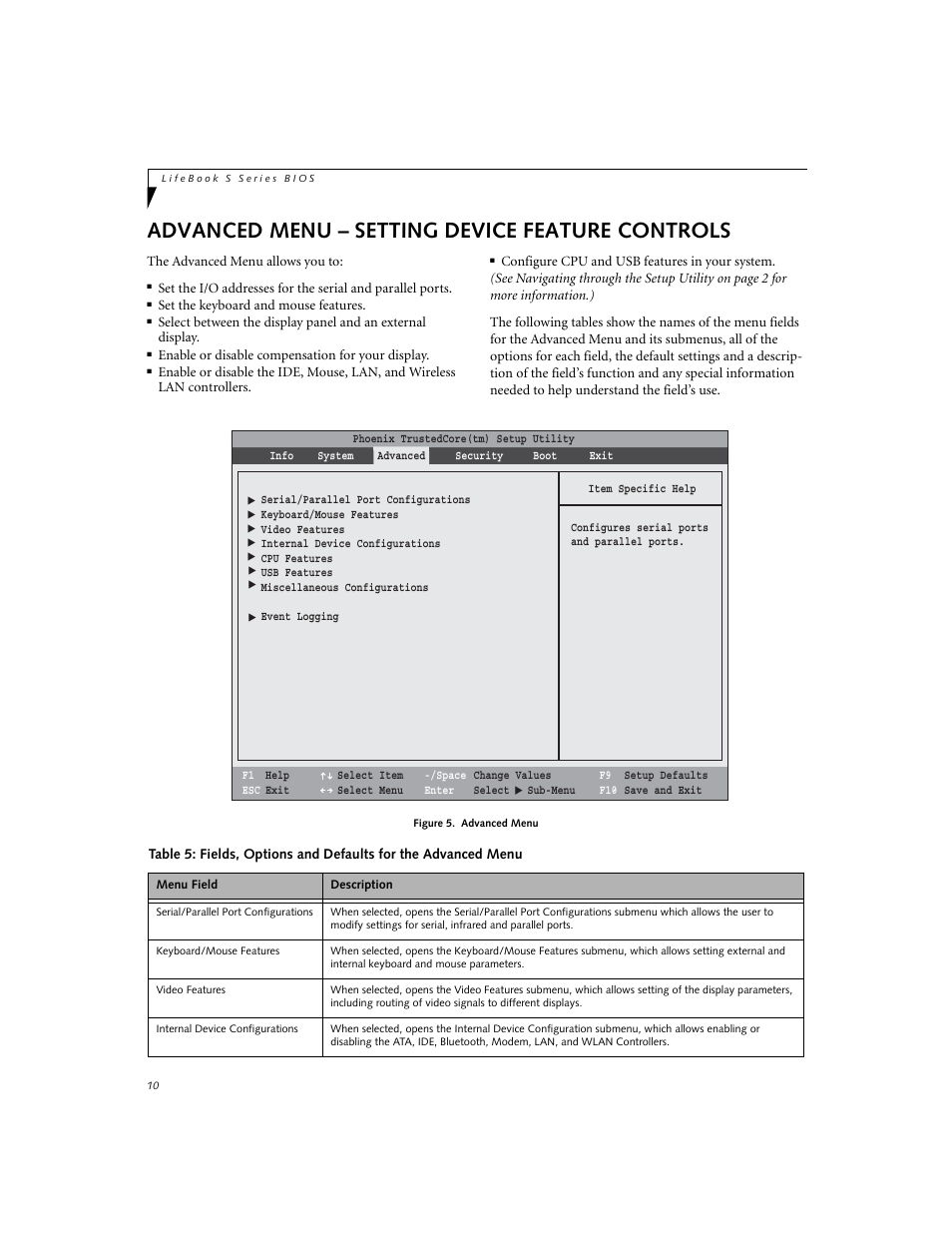 Advanced menu - setting device feature controls, Advanced menu – setting device feature controls | Fujitsu Siemens Computers Fujitsu LifeBook S7210 User Manual | Page 10 / 30