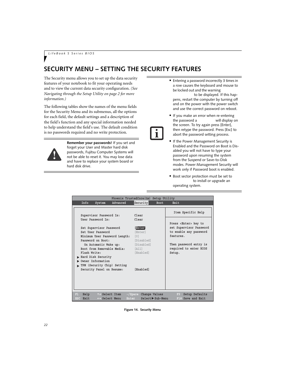 Security menu - setting the security features, Security menu – setting the security features | Fujitsu Siemens Computers Fujitsu LifeBook S7210 User Manual | Page 22 / 30