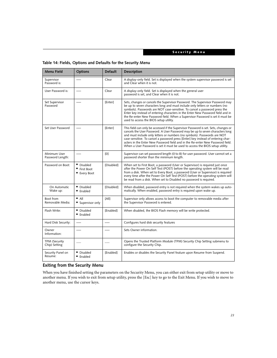 Exiting from the security menu | Fujitsu Siemens Computers Fujitsu LifeBook S7210 User Manual | Page 23 / 30