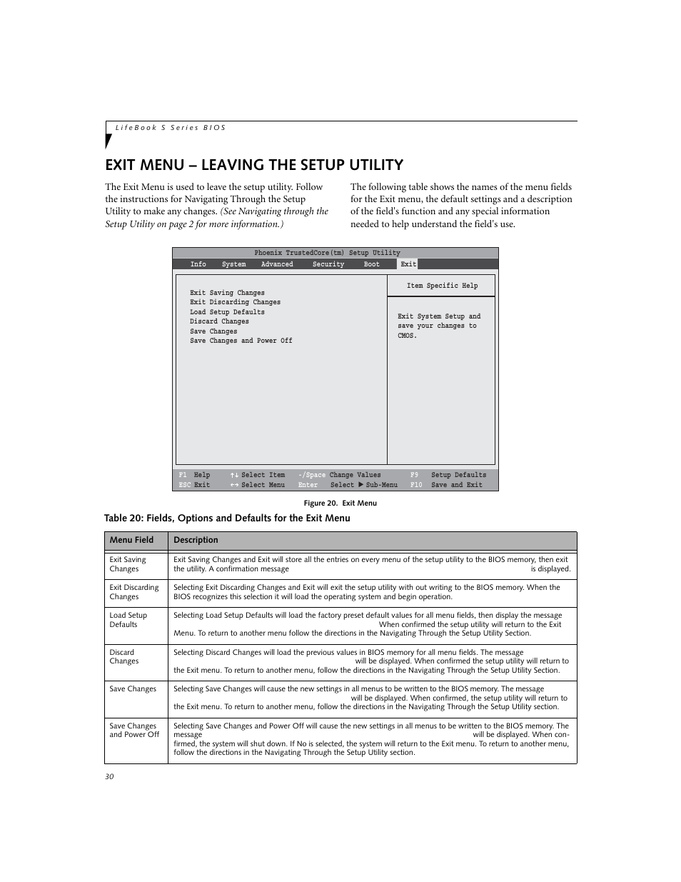 Exit menu - leaving the setup utility, Exit menu – leaving the setup utility | Fujitsu Siemens Computers Fujitsu LifeBook S7210 User Manual | Page 30 / 30
