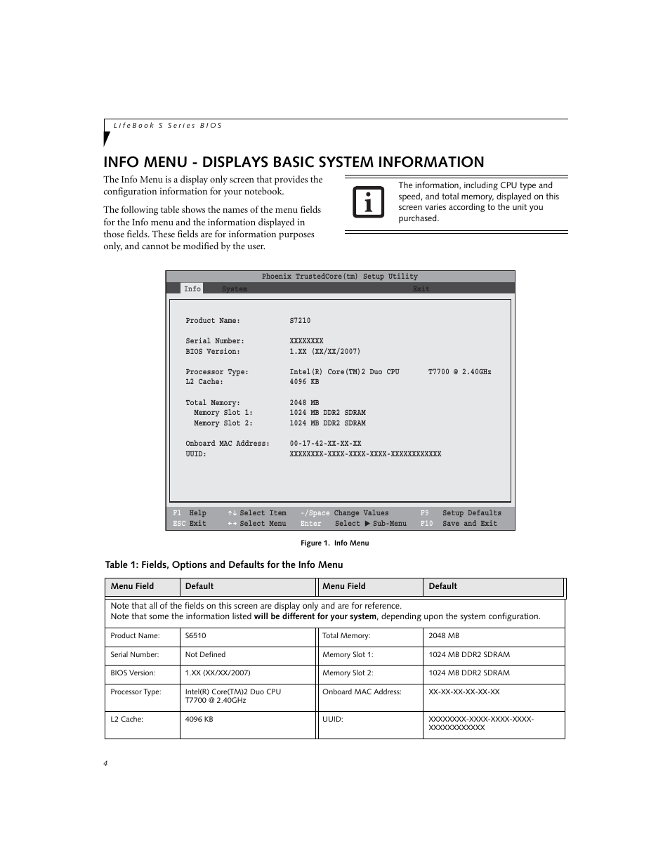 Info menu - displays basic system information | Fujitsu Siemens Computers Fujitsu LifeBook S7210 User Manual | Page 4 / 30
