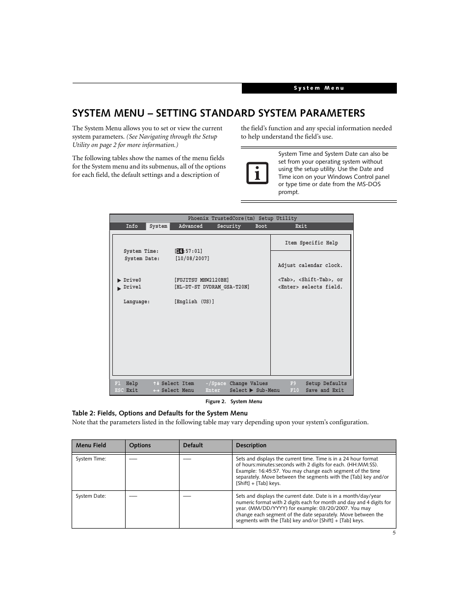 System menu - setting standard system parameters, System menu – setting standard system parameters | Fujitsu Siemens Computers Fujitsu LifeBook S7210 User Manual | Page 5 / 30