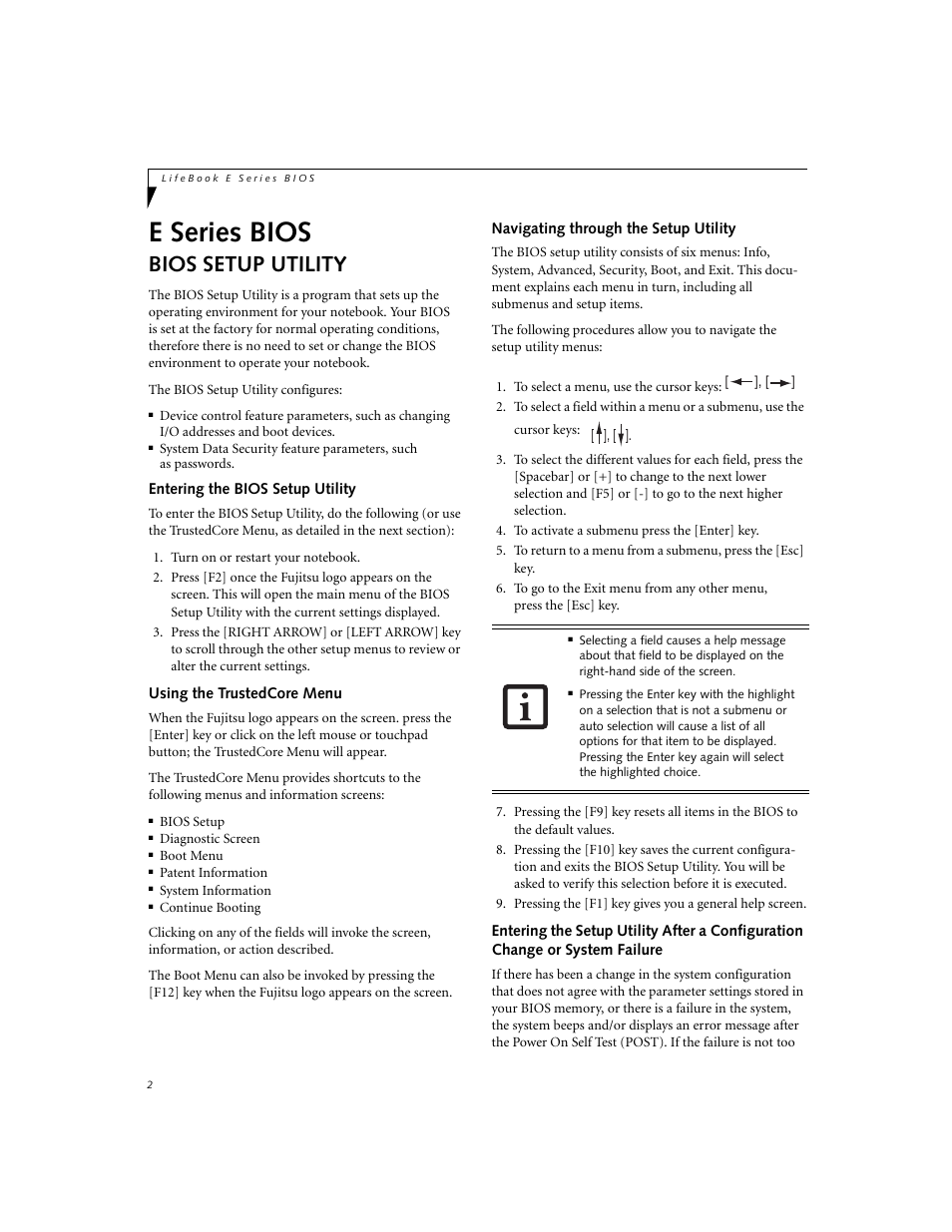 E series bios, Bios setup utility, Entering the bios setup utility | Using the trustedcore menu, Navigating through the setup utility | Fujitsu Siemens Computers LifeBook E8310 User Manual | Page 2 / 29