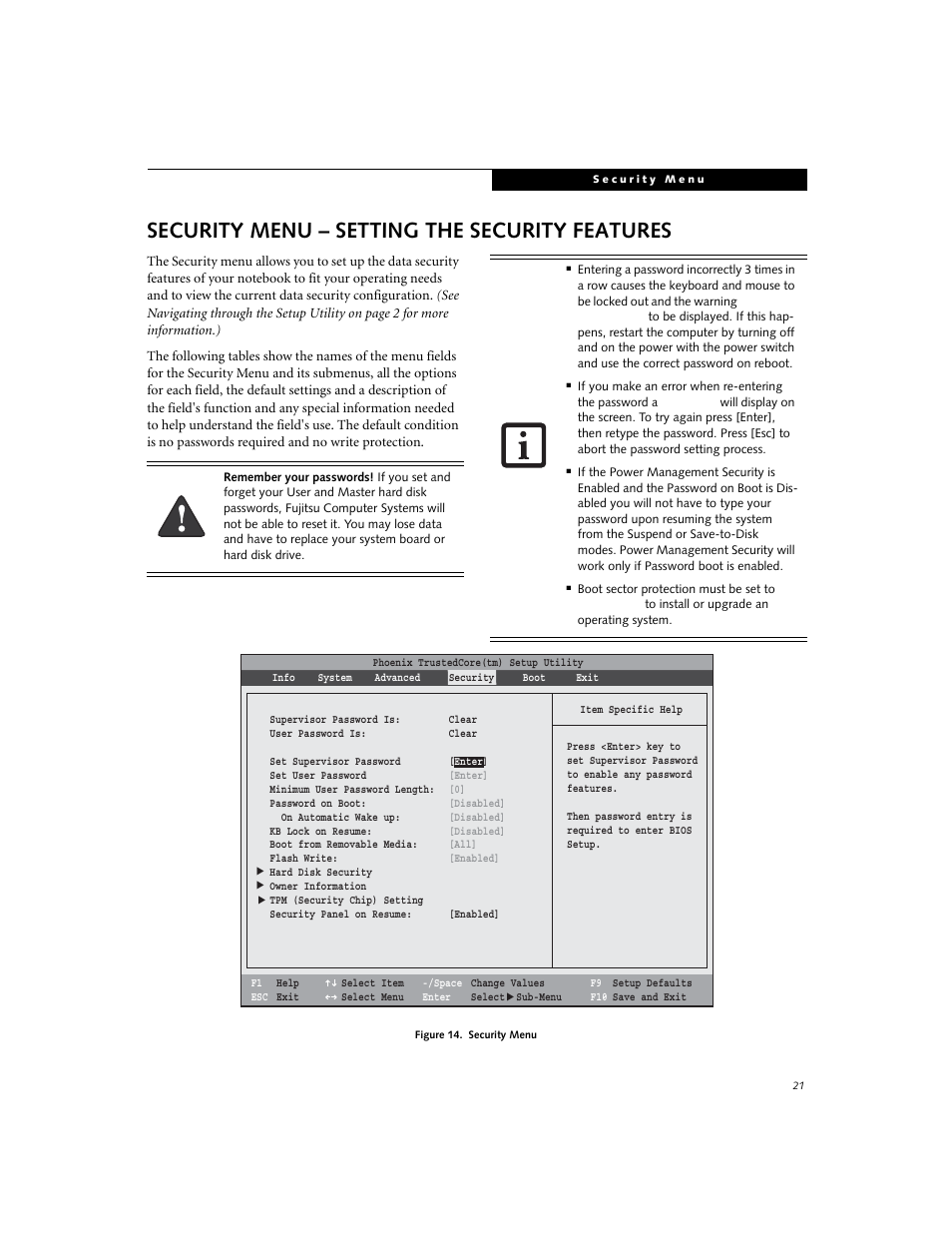 Security menu - setting the security features, Security menu – setting the security features | Fujitsu Siemens Computers LifeBook E8310 User Manual | Page 21 / 29