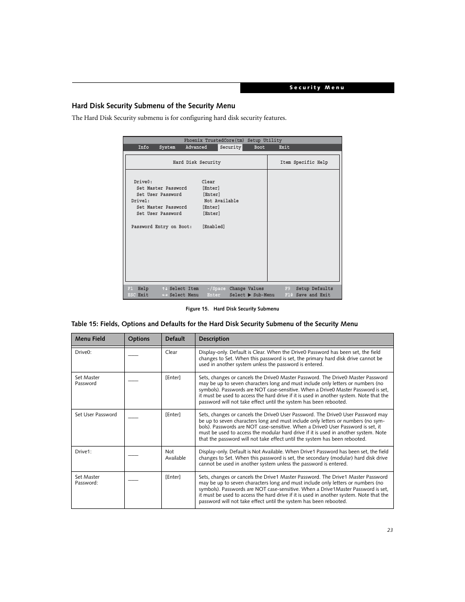 Hard disk security submenu of the security menu | Fujitsu Siemens Computers LifeBook E8310 User Manual | Page 23 / 29