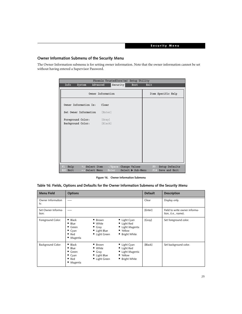 Owner information submenu of the security menu | Fujitsu Siemens Computers LifeBook E8310 User Manual | Page 25 / 29