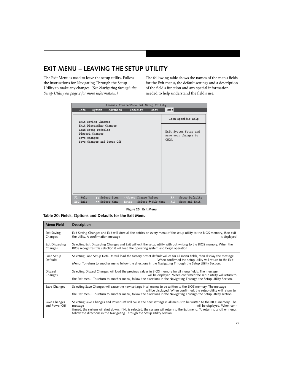 Exit menu - leaving the setup utility, Exit menu – leaving the setup utility | Fujitsu Siemens Computers LifeBook E8310 User Manual | Page 29 / 29