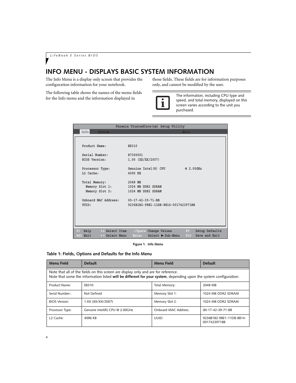 Info menu - displays basic system information | Fujitsu Siemens Computers LifeBook E8310 User Manual | Page 4 / 29