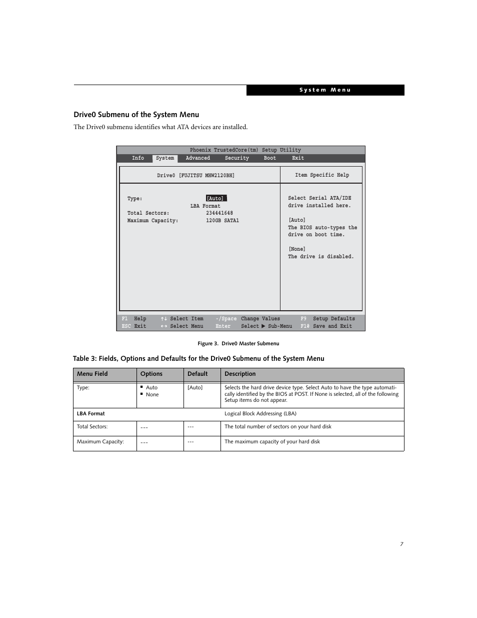 Drive0 submenu of the system menu | Fujitsu Siemens Computers LifeBook E8310 User Manual | Page 7 / 29