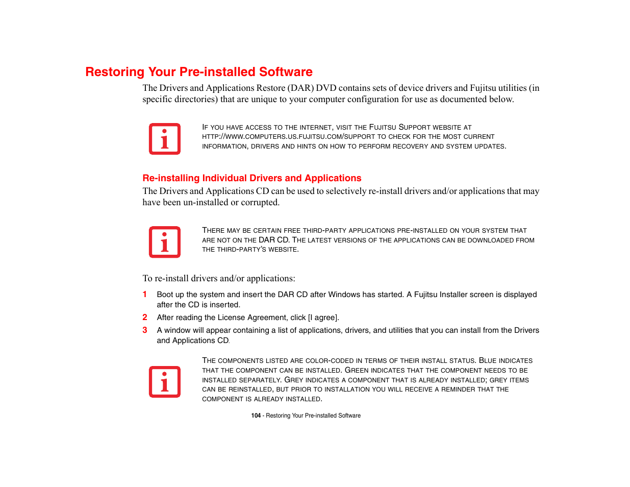 Restoring your pre-installed software, Re-installing individual drivers and applications | Fujitsu Siemens Computers LifeBook A6210 User Manual | Page 104 / 184