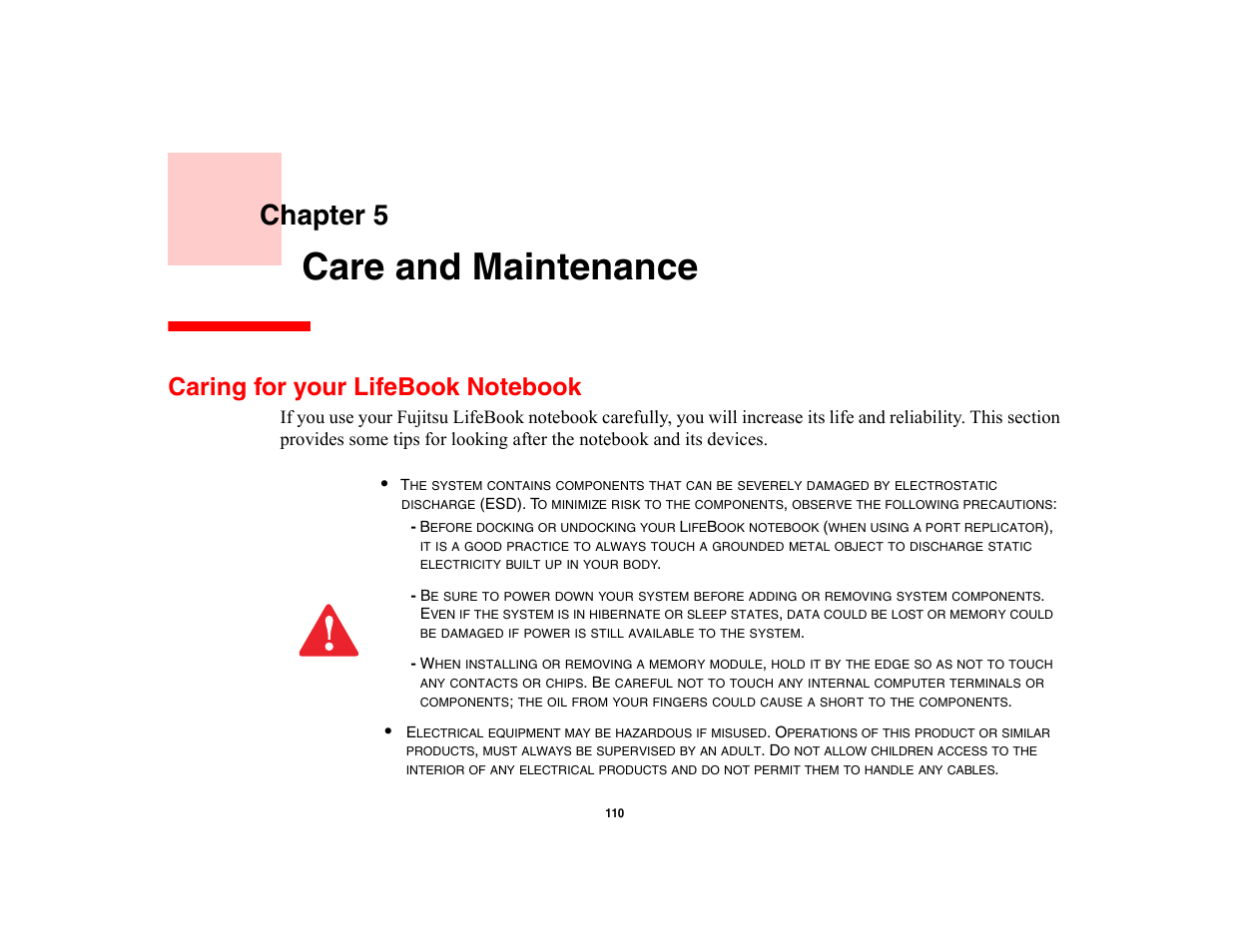 Care and maintenance, Caring for your lifebook notebook, Chapter 5 | Fujitsu Siemens Computers LifeBook A6210 User Manual | Page 110 / 184