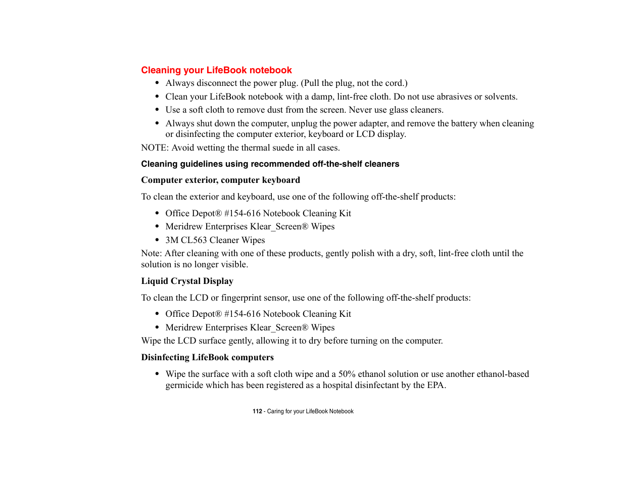 Cleaning your lifebook notebook | Fujitsu Siemens Computers LifeBook A6210 User Manual | Page 112 / 184