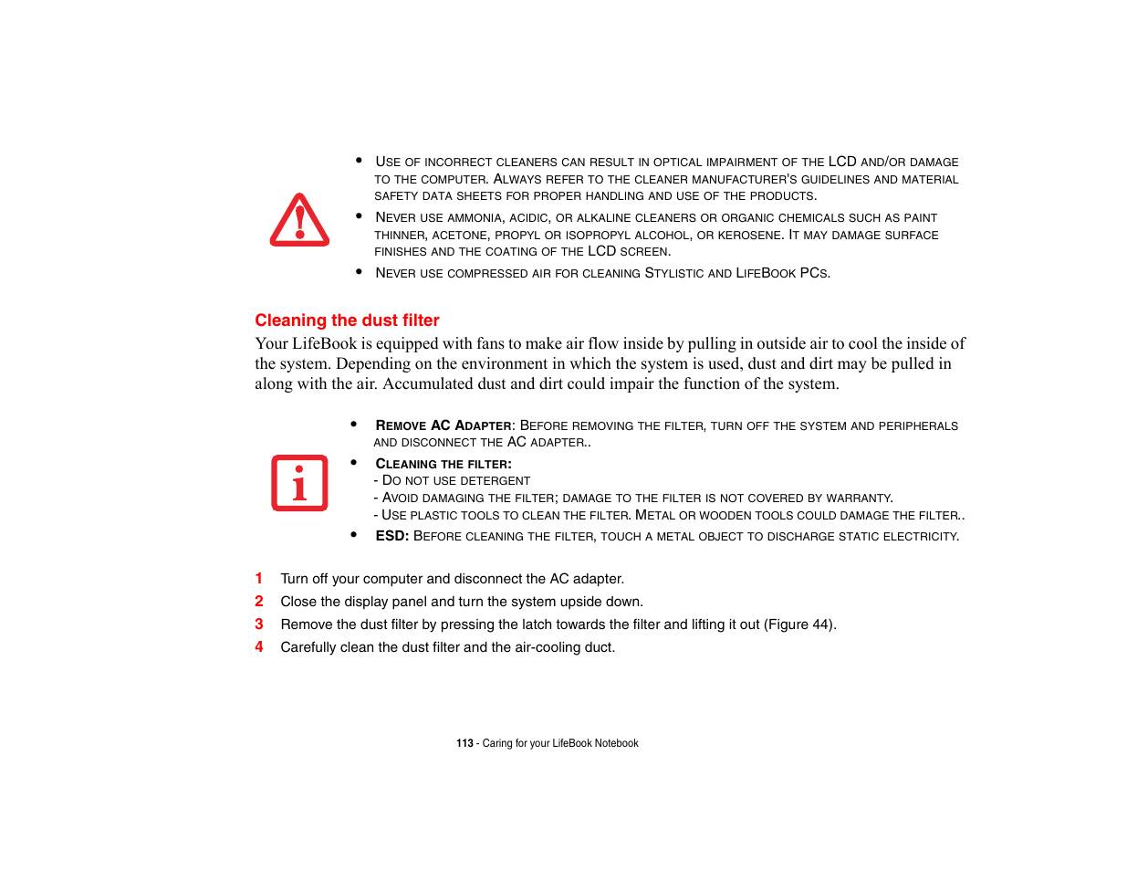 Cleaning the dust filter | Fujitsu Siemens Computers LifeBook A6210 User Manual | Page 113 / 184