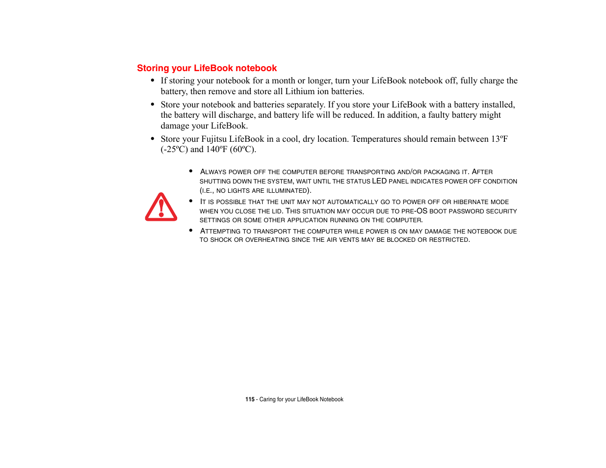 Storing your lifebook notebook | Fujitsu Siemens Computers LifeBook A6210 User Manual | Page 115 / 184