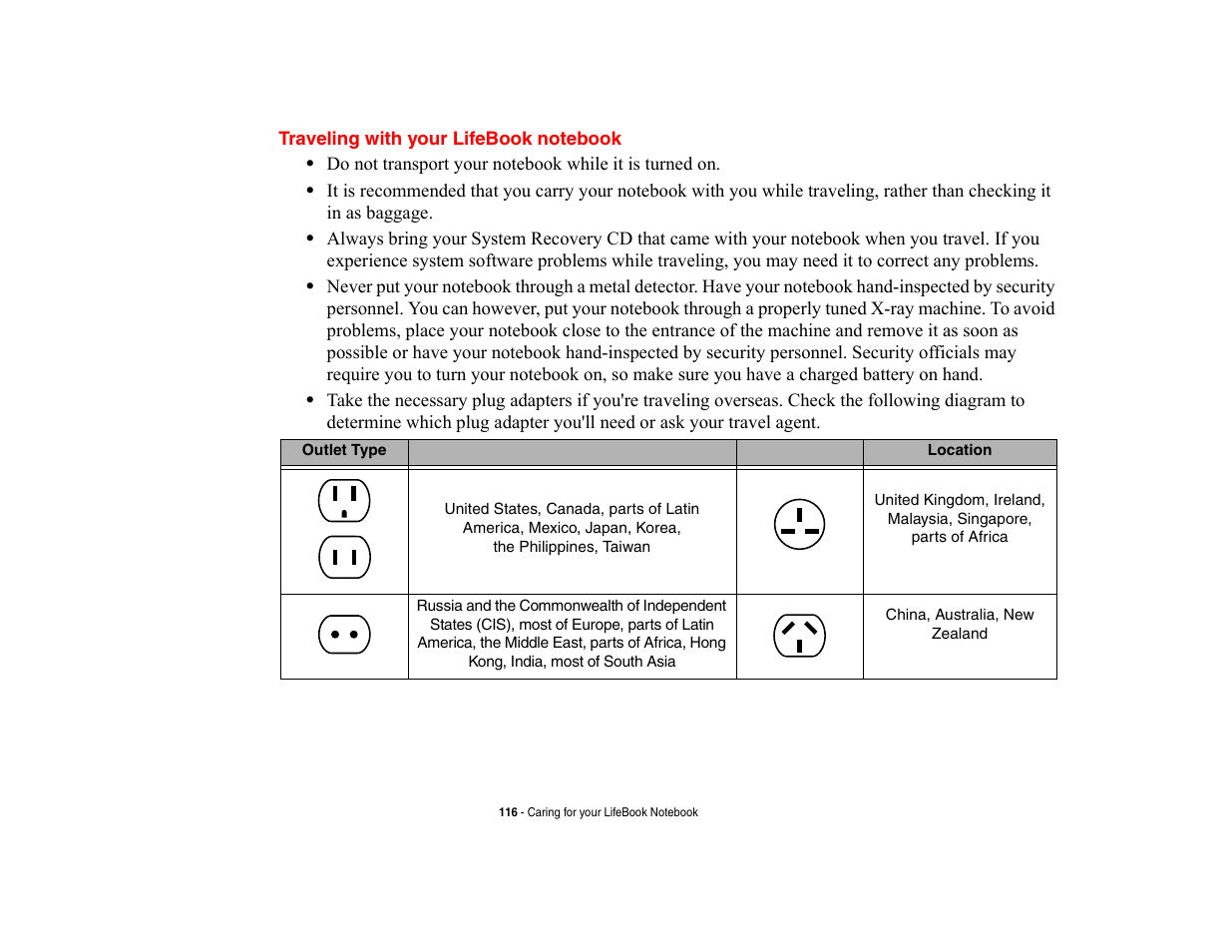 Traveling with your lifebook notebook | Fujitsu Siemens Computers LifeBook A6210 User Manual | Page 116 / 184