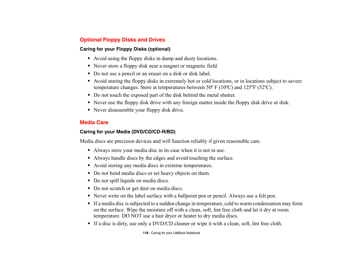 Optional floppy disks and drives, Media care, Optional floppy disks and drives media care | Fujitsu Siemens Computers LifeBook A6210 User Manual | Page 118 / 184