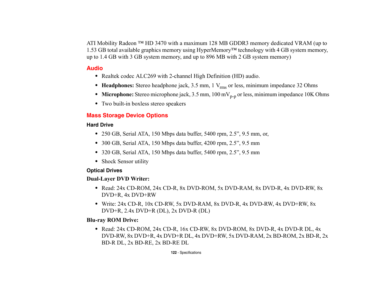 Audio, Mass storage device options, Audio mass storage device options | Fujitsu Siemens Computers LifeBook A6210 User Manual | Page 122 / 184