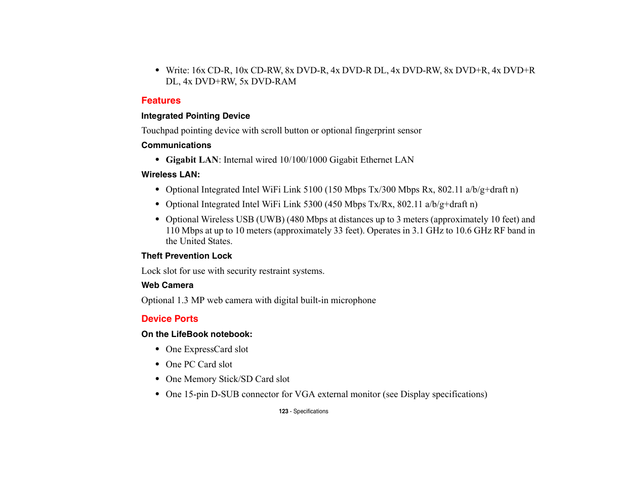 Features, Device ports, Features device ports | Fujitsu Siemens Computers LifeBook A6210 User Manual | Page 123 / 184