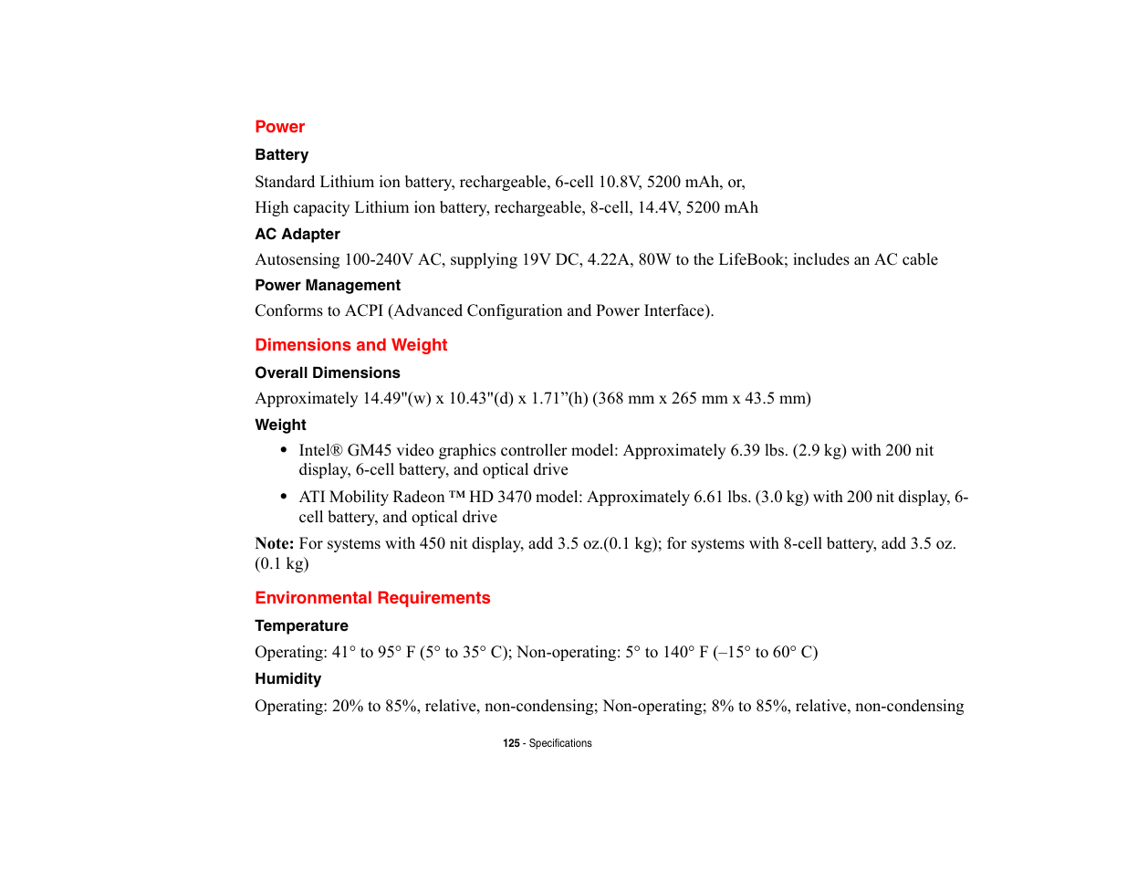 Power, Dimensions and weight, Environmental requirements | Fujitsu Siemens Computers LifeBook A6210 User Manual | Page 125 / 184