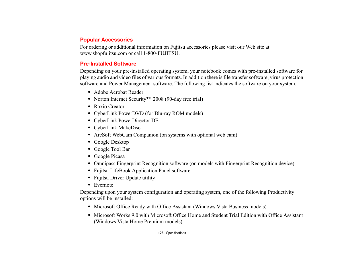 Popular accessories, Pre-installed software, Popular accessories pre-installed software | Fujitsu Siemens Computers LifeBook A6210 User Manual | Page 126 / 184