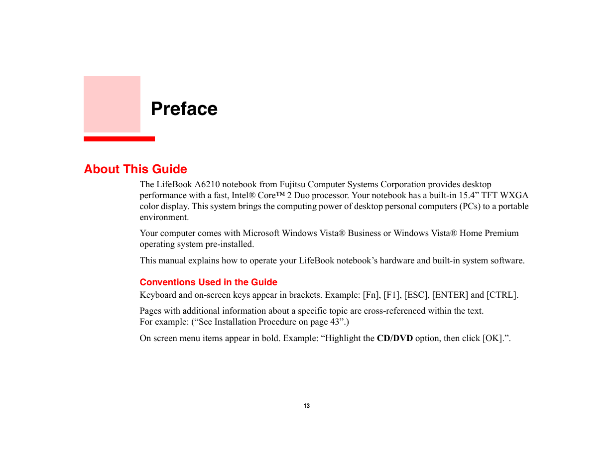 Preface, About this guide, Conventions used in the guide | Reface | Fujitsu Siemens Computers LifeBook A6210 User Manual | Page 13 / 184