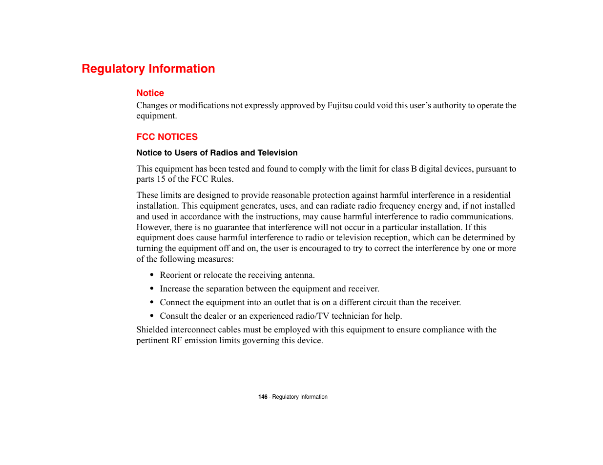 Regulatory information, Notice, Fcc notices | Fujitsu Siemens Computers LifeBook A6210 User Manual | Page 146 / 184