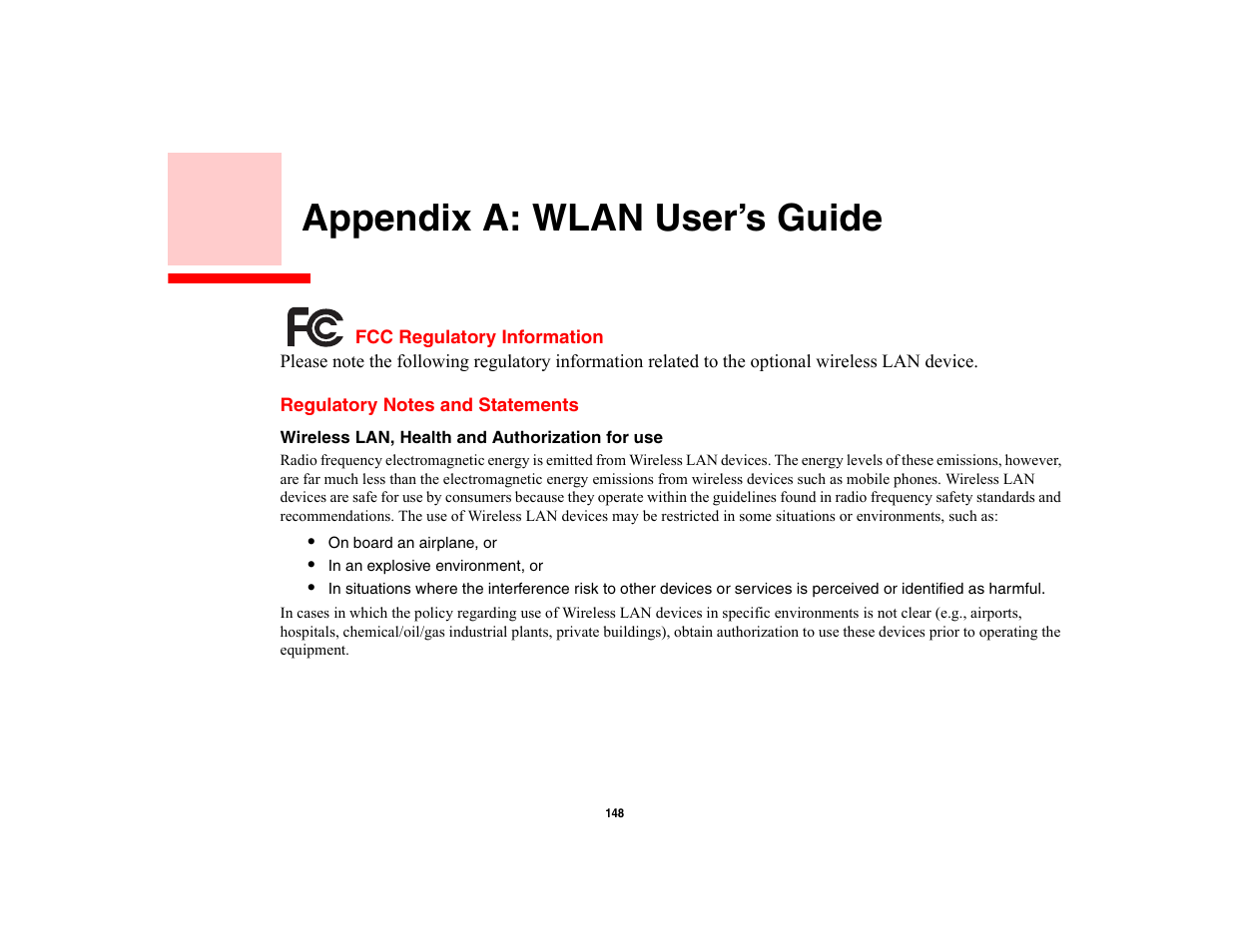 Appendix a: wlan user’s guide, Fcc regulatory information, Regulatory notes and statements | Fujitsu Siemens Computers LifeBook A6210 User Manual | Page 148 / 184