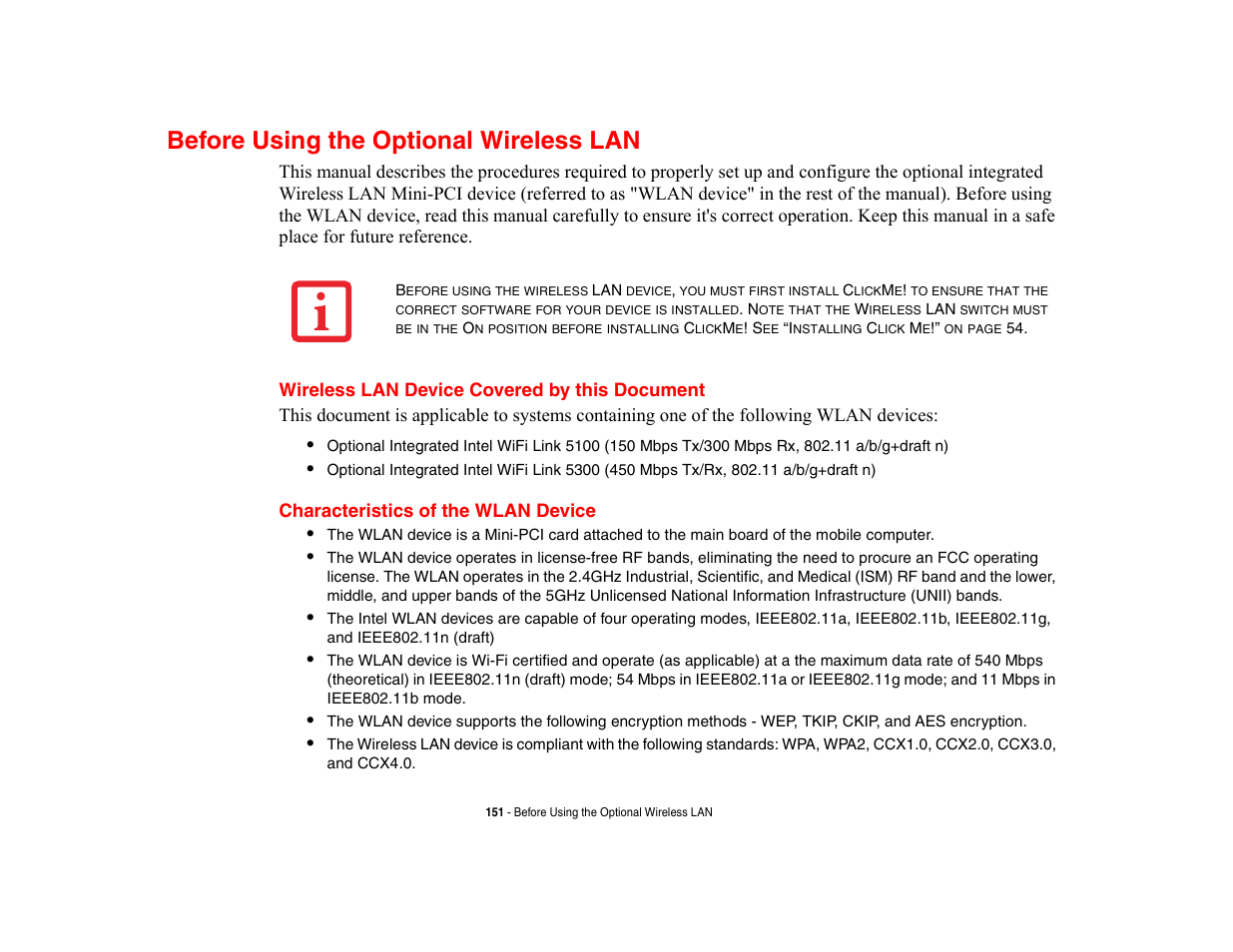 Before using the optional wireless lan, Wireless lan device covered by this document, Characteristics of the wlan device | Fore using the optional wireless lan | Fujitsu Siemens Computers LifeBook A6210 User Manual | Page 151 / 184