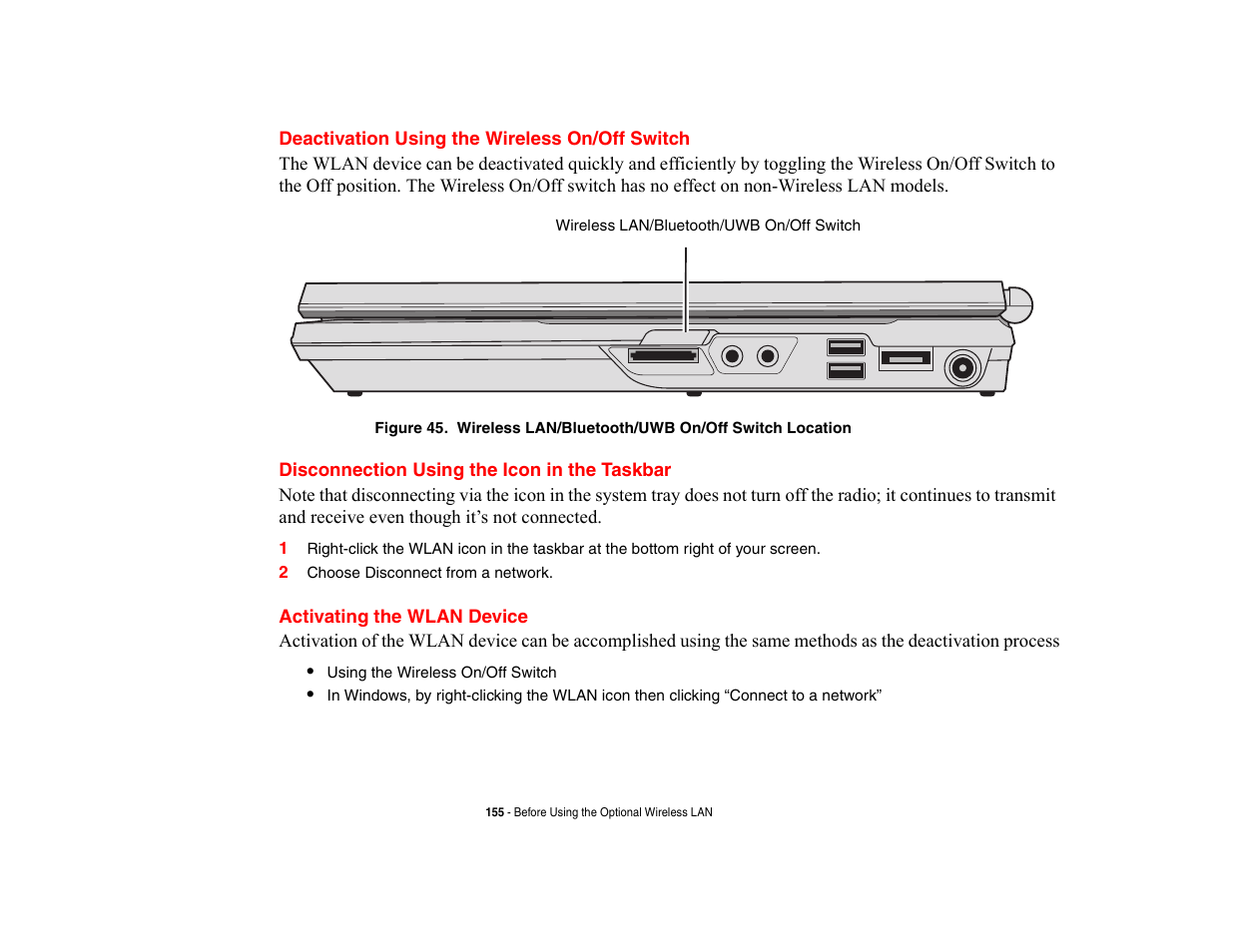 Deactivation using the wireless on/off switch, Disconnection using the icon in the taskbar, Activating the wlan device | Fujitsu Siemens Computers LifeBook A6210 User Manual | Page 155 / 184