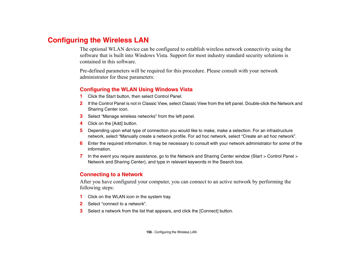 Configuring the wireless lan, Configuring the wlan using windows vista, Connecting to a network | Fujitsu Siemens Computers LifeBook A6210 User Manual | Page 156 / 184