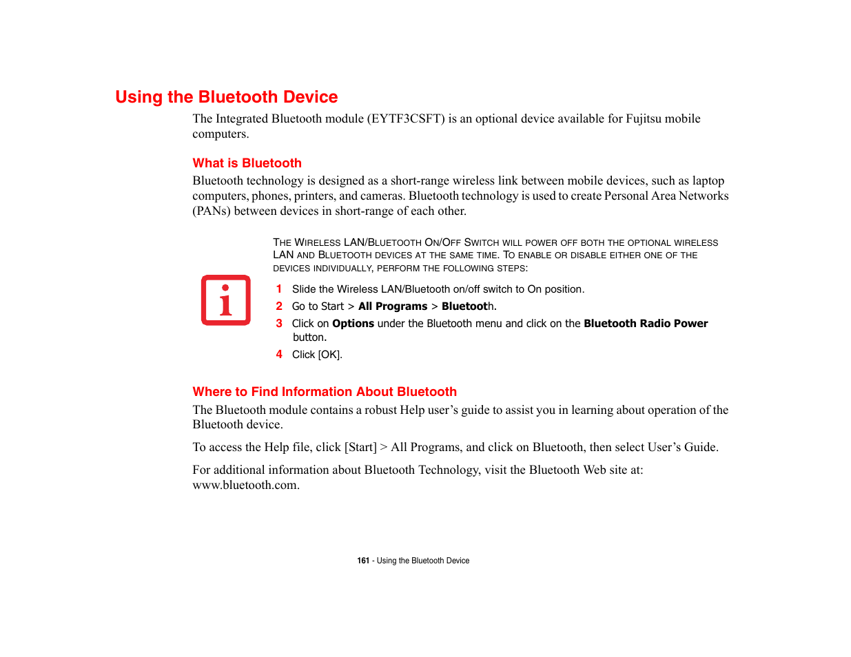 Using the bluetooth device, What is bluetooth, Where to find information about bluetooth | Fujitsu Siemens Computers LifeBook A6210 User Manual | Page 161 / 184