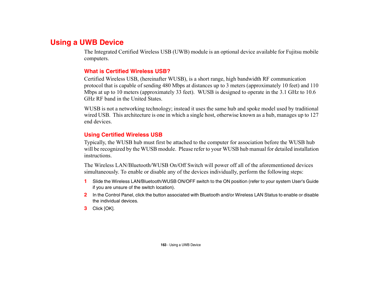 Using a uwb device, What is certified wireless usb, Using certified wireless usb | Fujitsu Siemens Computers LifeBook A6210 User Manual | Page 163 / 184